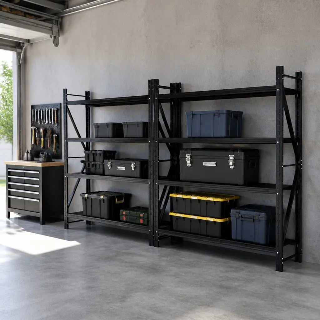 Garage Shelving Unit 4M x 2.4M Heavy Duty Storage Shelves Adjustable Height Steel Construction Black