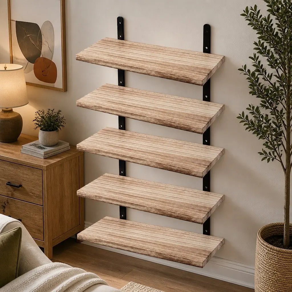 Wood Floating Shelves 5 Piece Set Wall Mounted Storage Display for Bedroom
