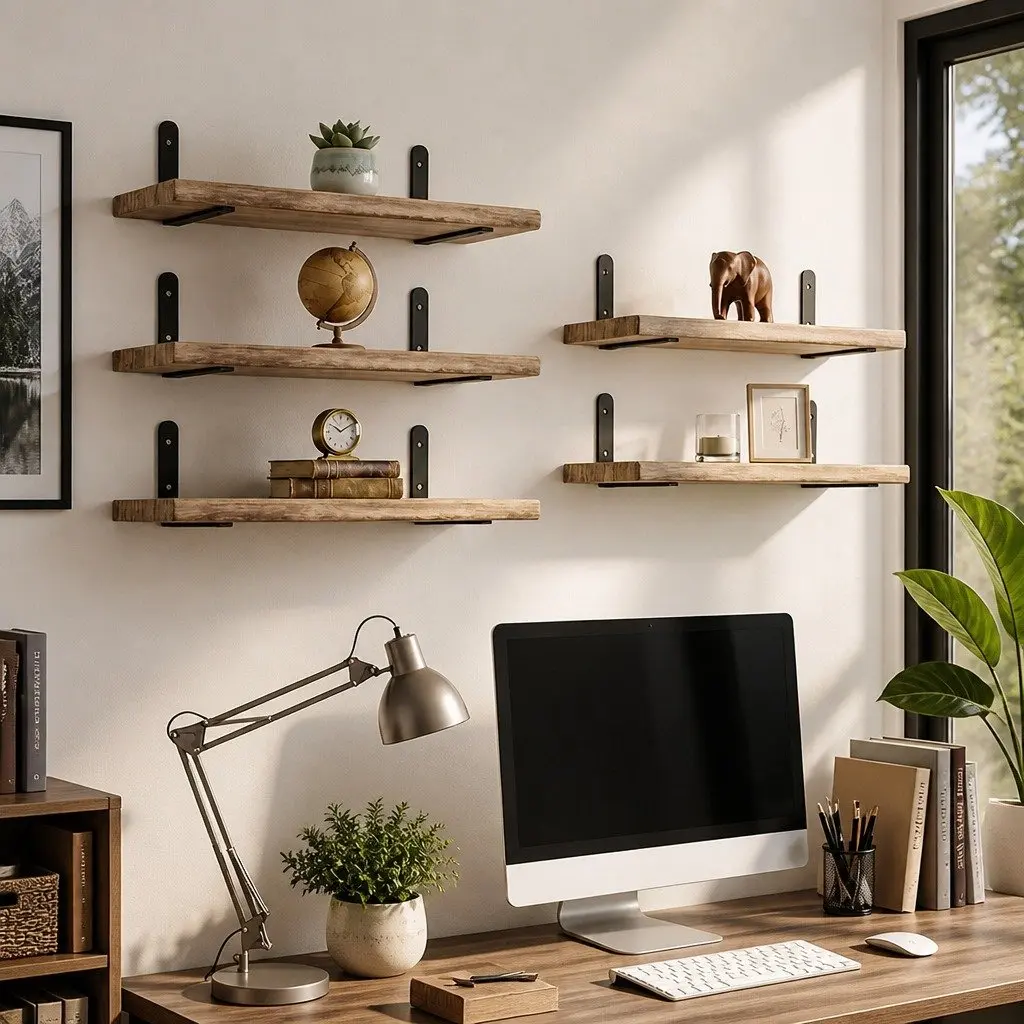 Wood Floating Shelves 5 Piece Set Wall Mounted Storage Display for Bedroom