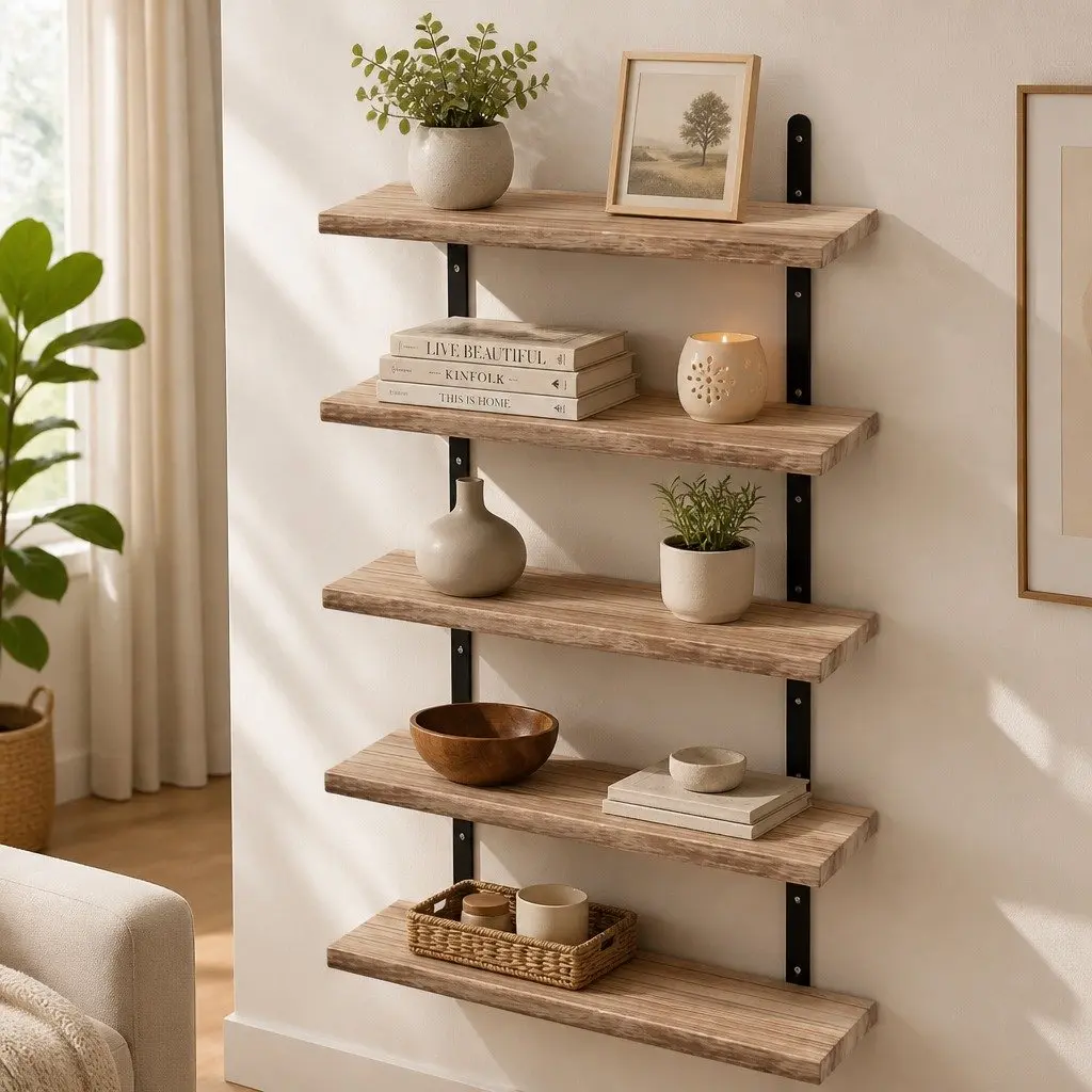Wood Floating Shelves 5 Piece Set Wall Mounted Storage Display for Bedroom