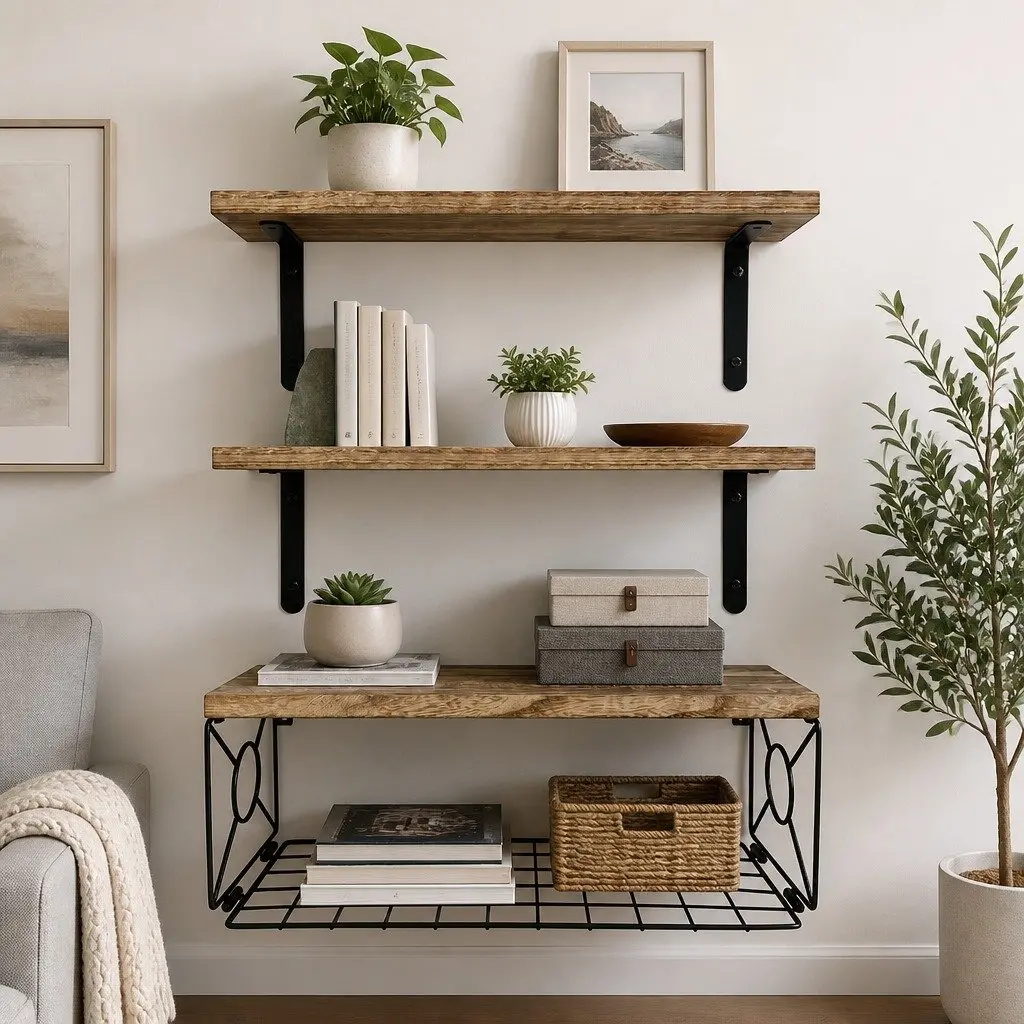 Floating Wall Shelf 3 Piece Set Wooden Shelves with Integrated Storage Basket for DIY Wall Mount Display