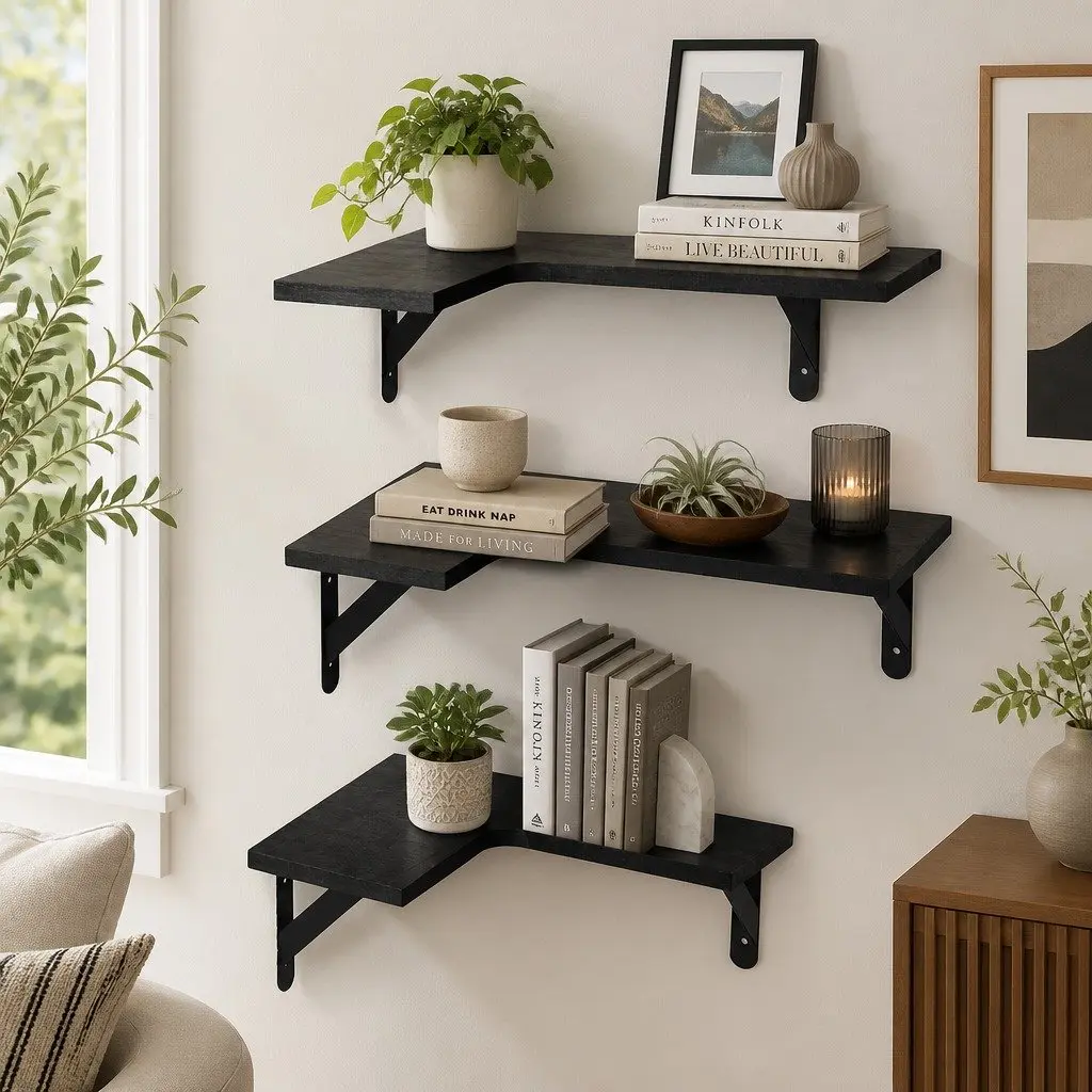 Corner Floating Shelves 3 Piece L-Shaped Wall-Mounted Storage for Kitchen Living Room