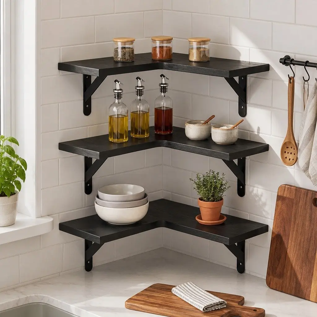 Corner Floating Shelves 3 Piece L-Shaped Wall-Mounted Storage for Kitchen Living Room