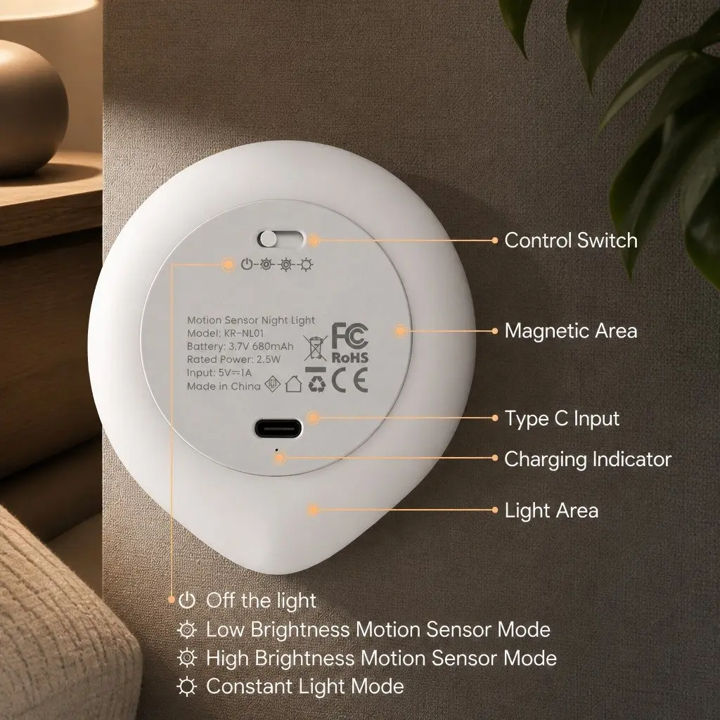 Motion Sensor Night Light USB-C Rechargeable Compact Intelligent Infrared Sensing White