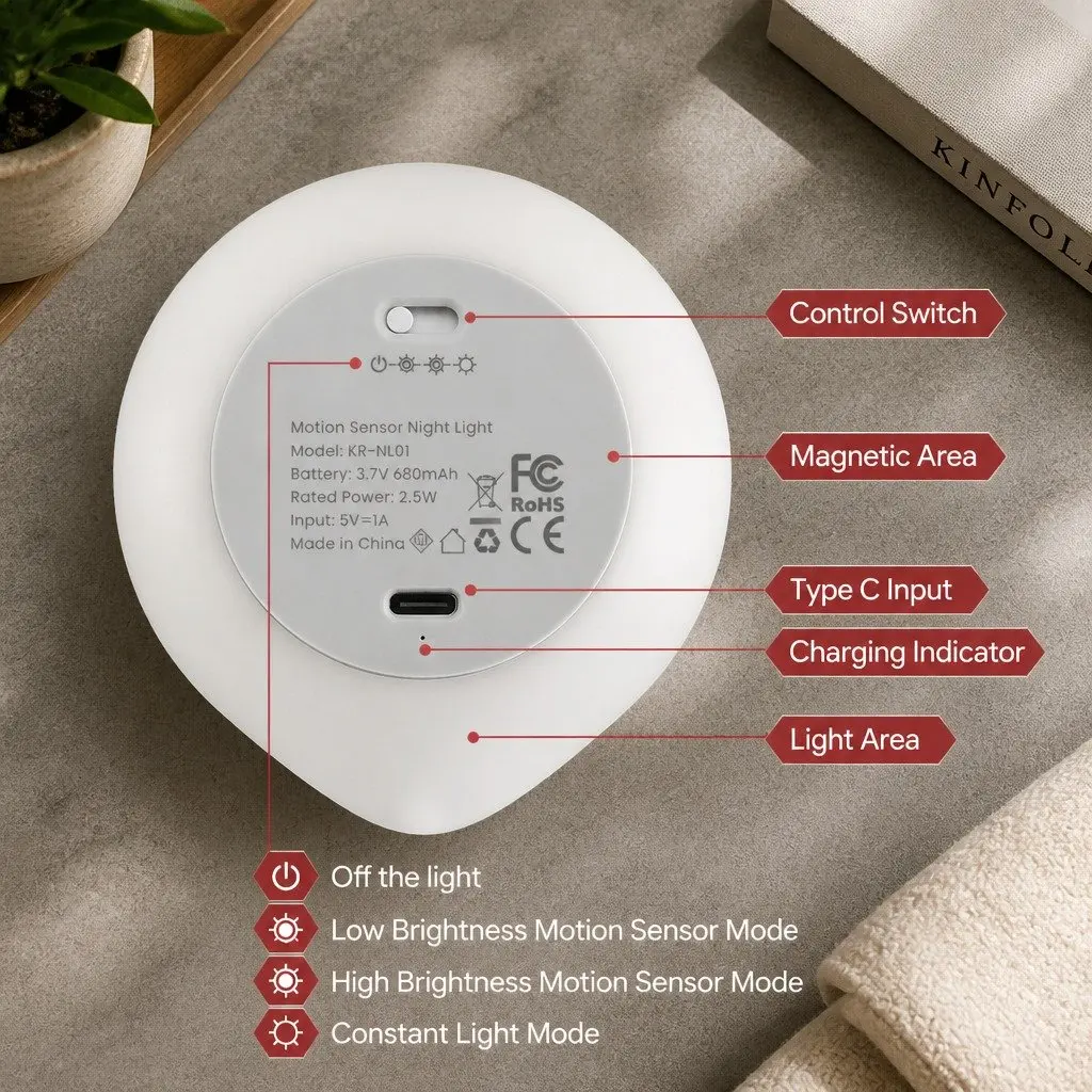 Motion Sensor Night Light USB-C Rechargeable 4 Pack Compact Magnetic Mounting
