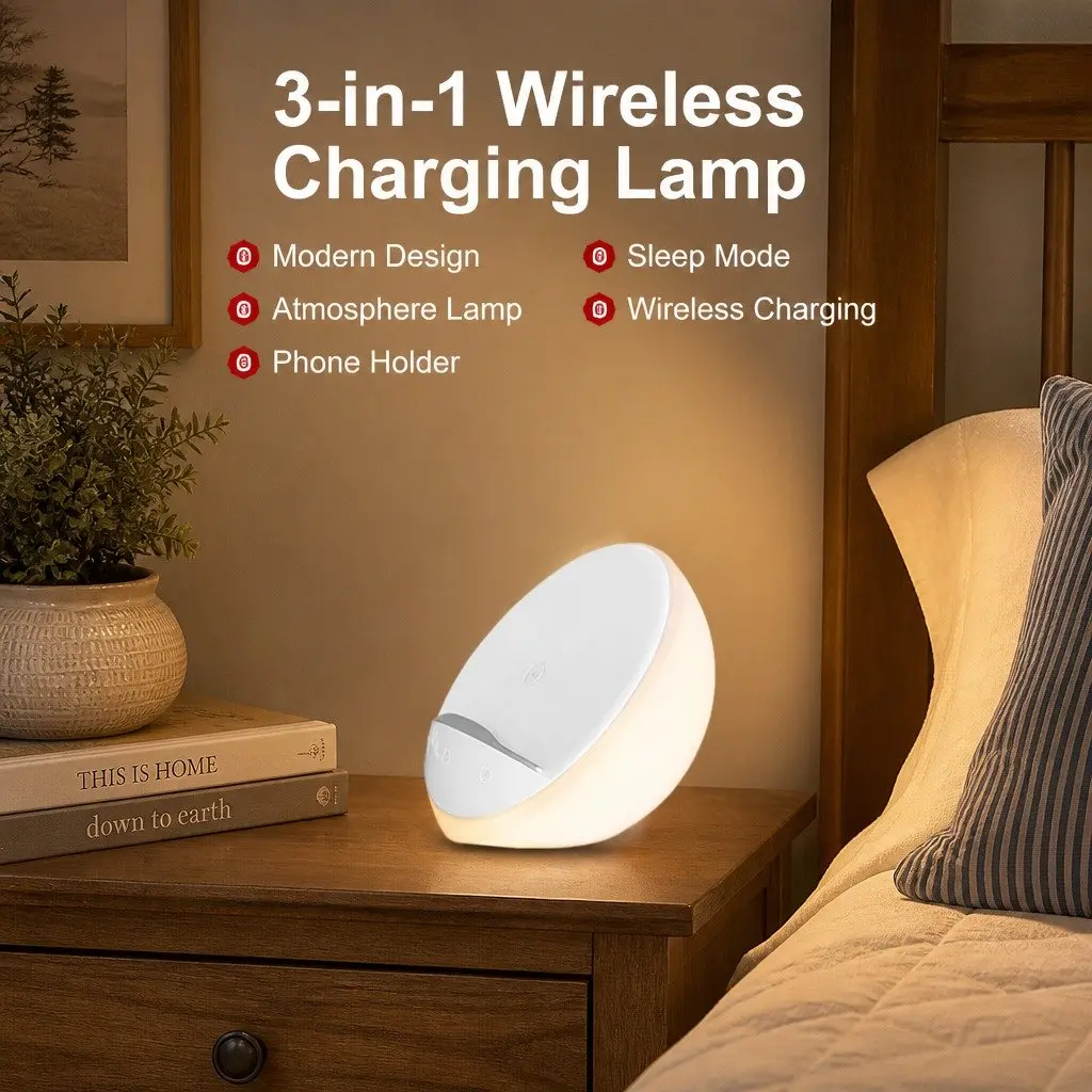 Table Lamp 15cm Touch Control Dimmable LED with Wireless Charger and Phone Holder