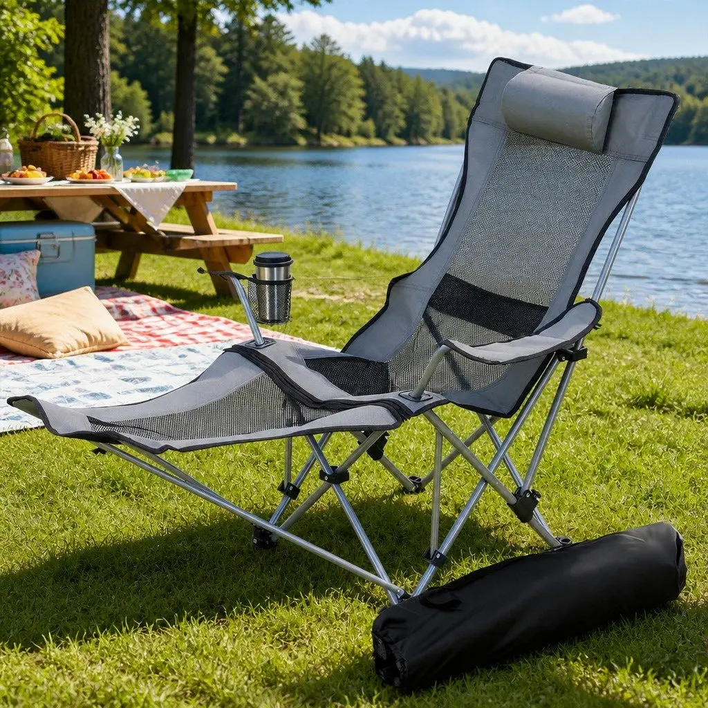 Adjustable Reclining Portable Camping Chair with Removable Footrest Grey