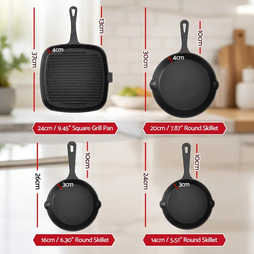 Cast Iron Frying Pan Skillet Set 4-Piece Black 14cm 16cm 20cm 24cm Induction Gas