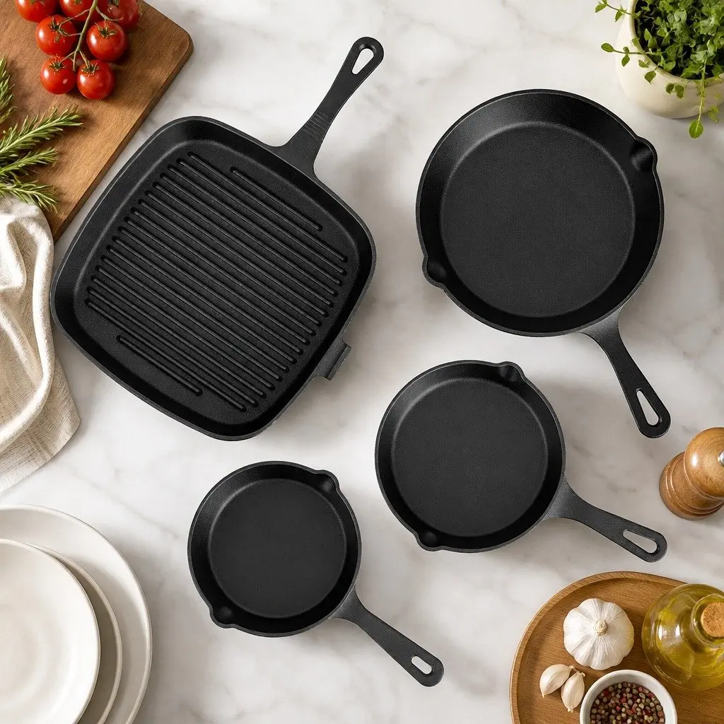 Cast Iron Frying Pan Skillet Set 4-Piece Black 14cm 16cm 20cm 24cm Induction Gas