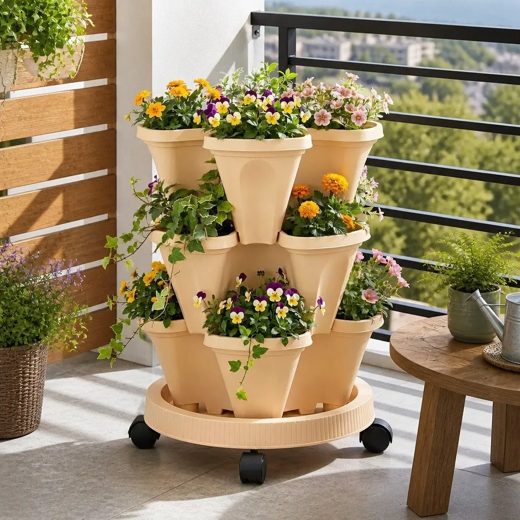 3 Tier Stackable Vertical Planter Tower Beige Self-Watering with Wheels