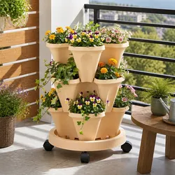 3 Tier Stackable Vertical Planter Tower with Wheels Strawberry Herb Garden Beige