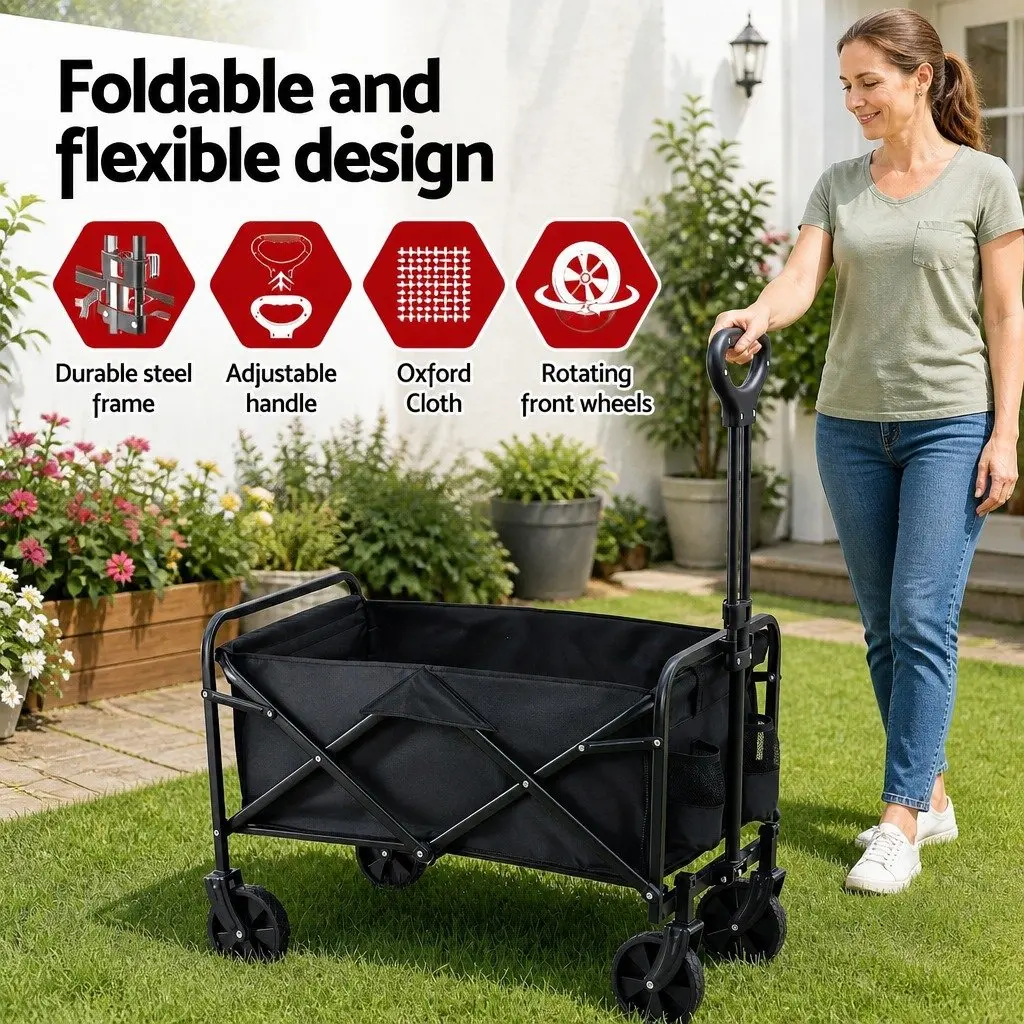 Folding Garden Trolley Cart Heavy Duty Steel Frame 360° Rotating All Terrain Wheels Removable Fabric Black