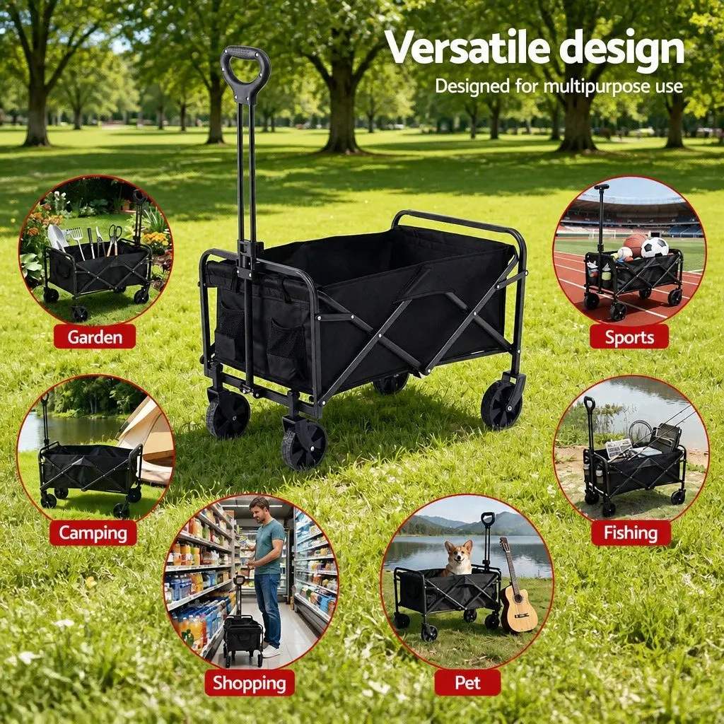 Folding Garden Trolley Cart Heavy Duty Steel Frame 360° Rotating All Terrain Wheels Removable Fabric Black