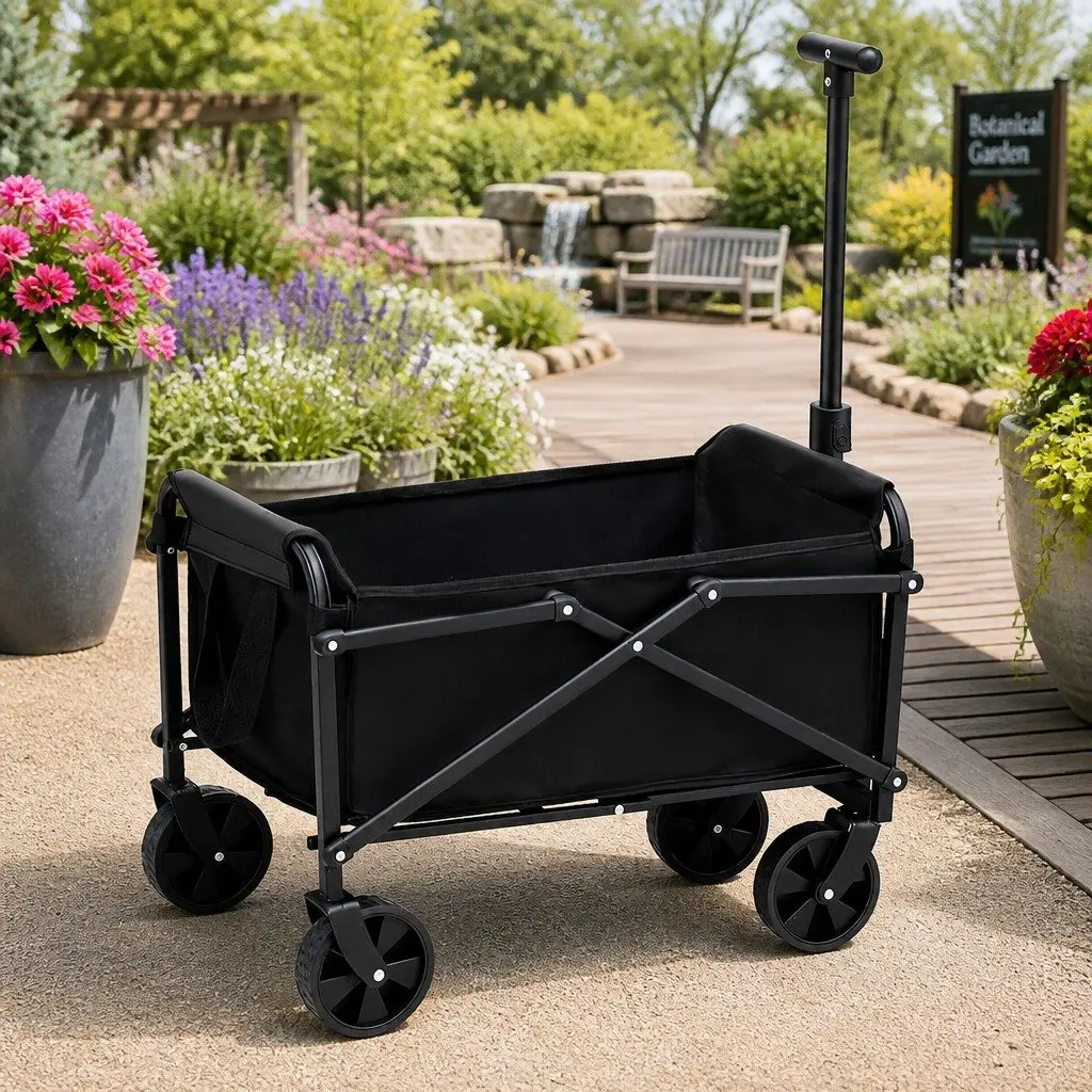 Folding Garden Cart Outdoor Transport Steel Frame 360° Rotating All-Terrain Wheels Adjustable Handle Removable Fabric Black