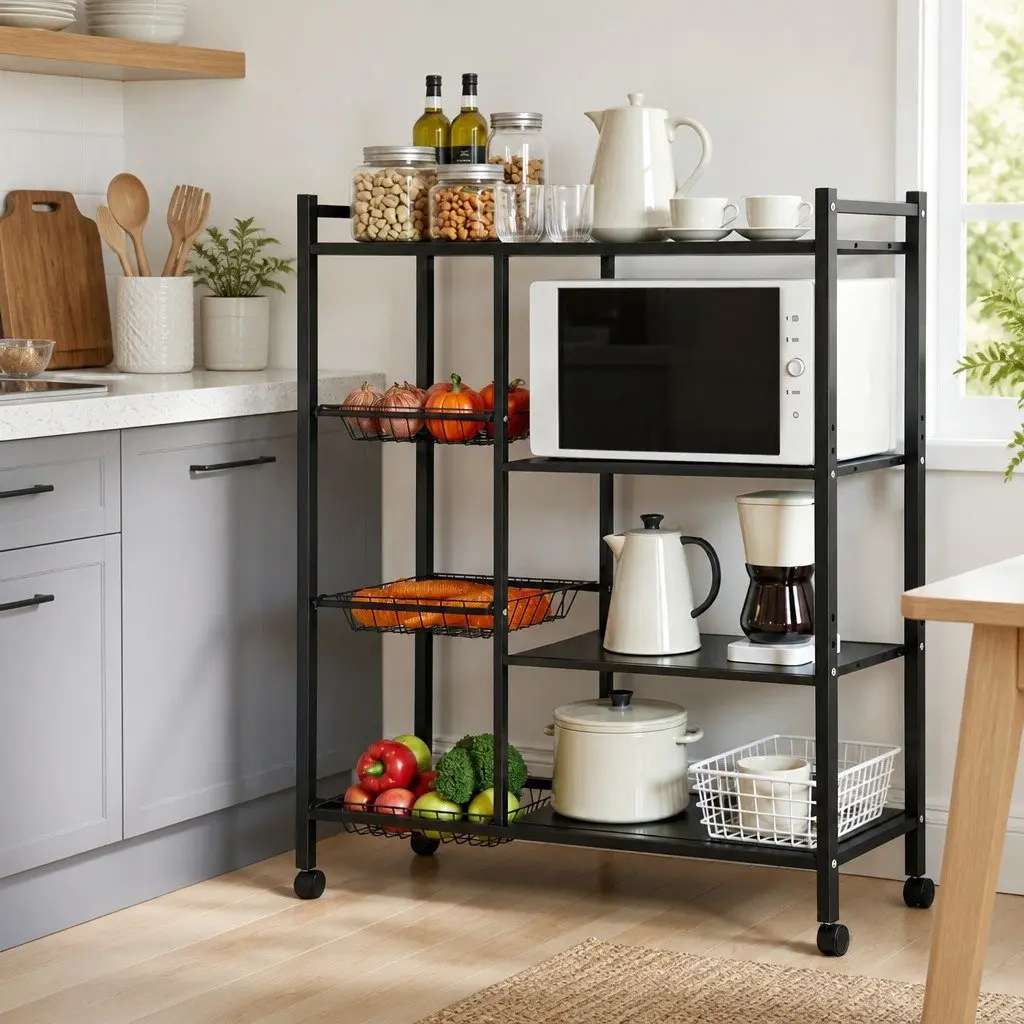 4-Tier Kitchen Storage Shelf Dark Grey Durable Carbon Steel Frame with Lockable Wheels