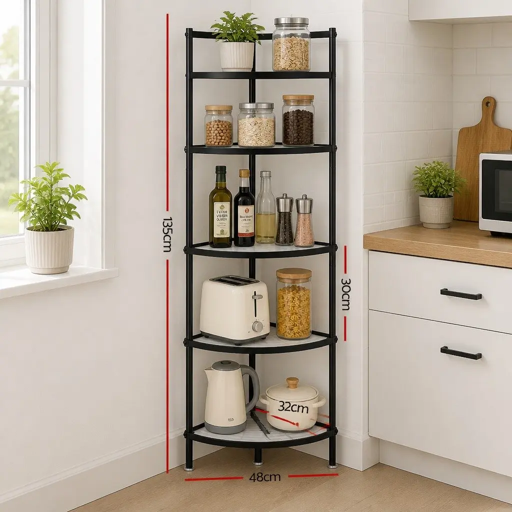 5-Tier Corner Kitchen Shelf Rack Metal Storage Stand Freestanding Organizer Black