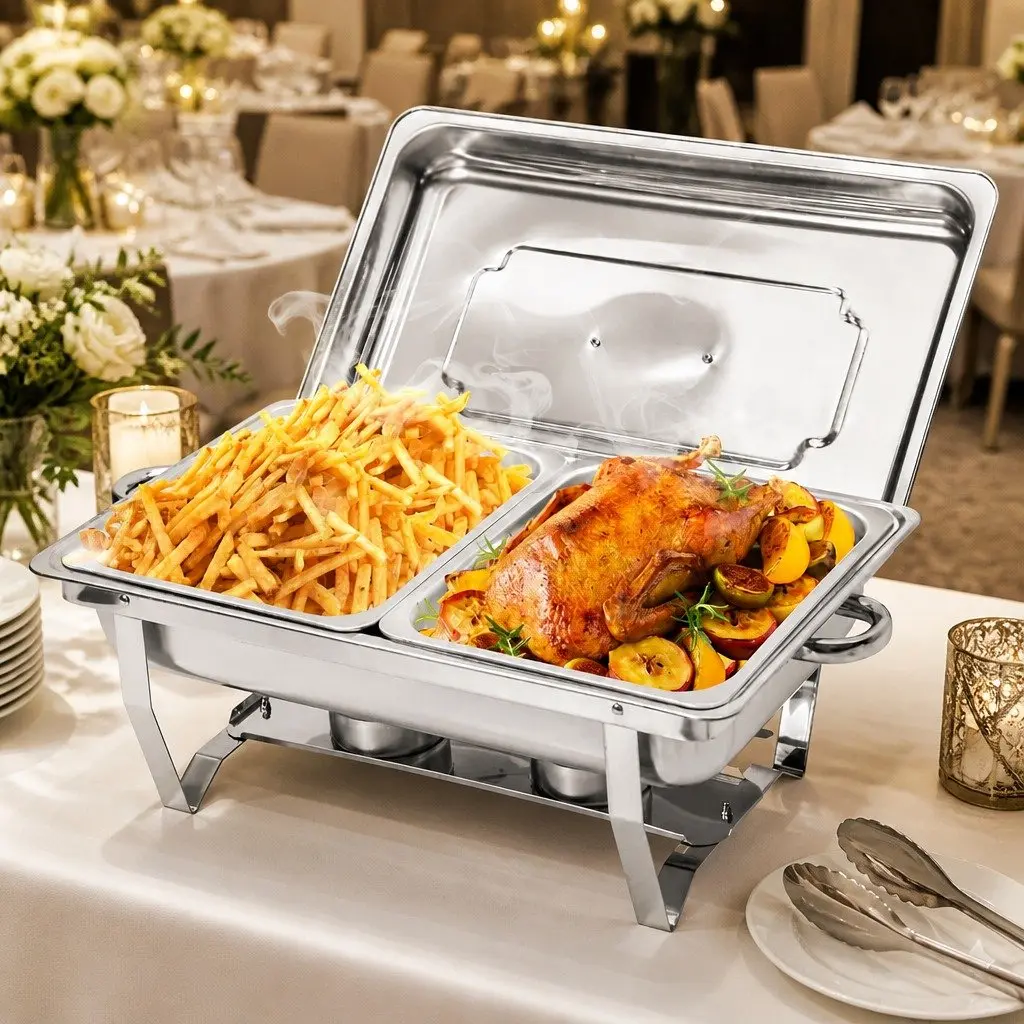 Chafing Dish Set 9L Stainless Steel Bain Marie Food Warmer with Two 4.5L Pans and Foldable Frame for Catering and Buffets
