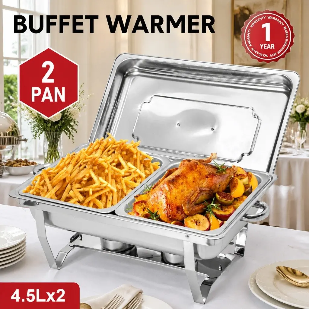 Chafing Dish Set 9L Stainless Steel Bain Marie Food Warmer with Two 4.5L Pans and Foldable Frame for Catering and Buffets