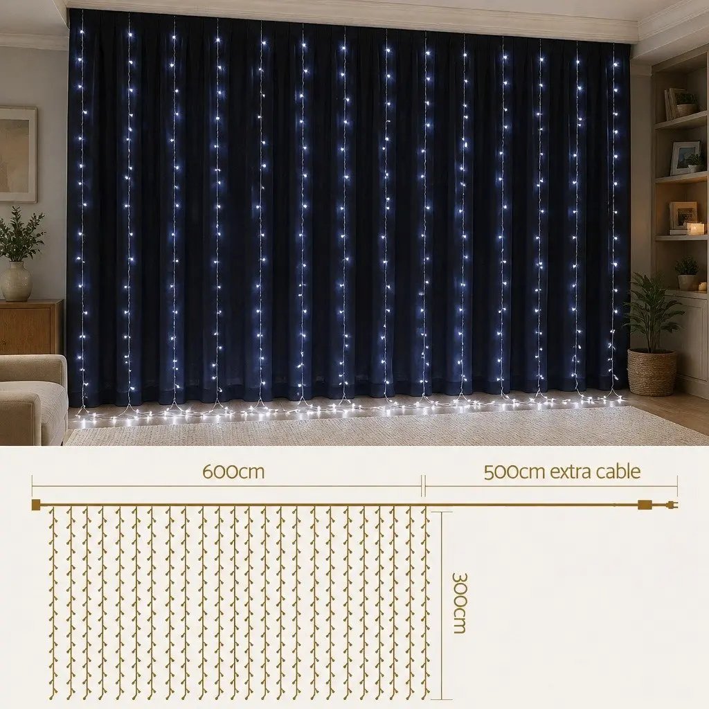 Curtain Lights 6x3M 600 LED Cool White Outdoor Decoration for Christmas Wedding Party