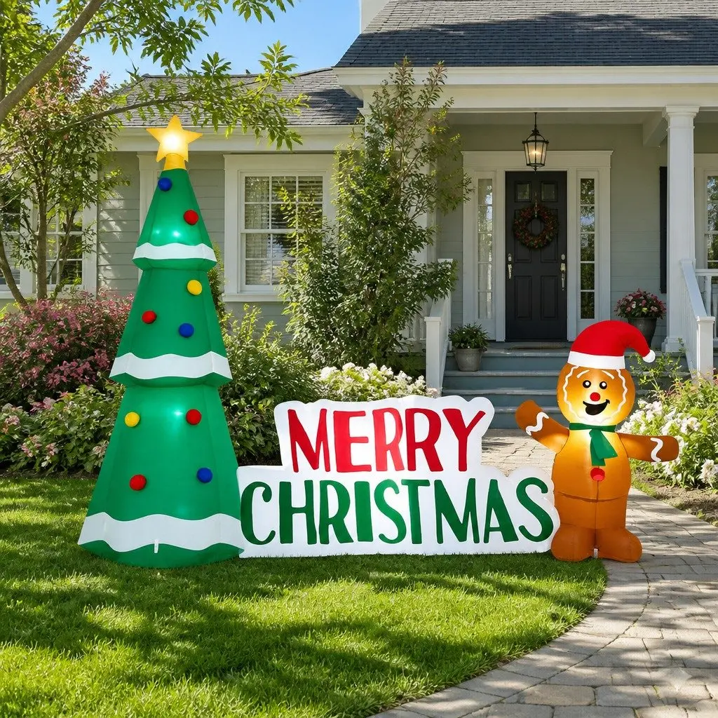 Christmas Inflatable 2.4m Gingerbread Man and Tree with LED Lights for Outdoor Garden