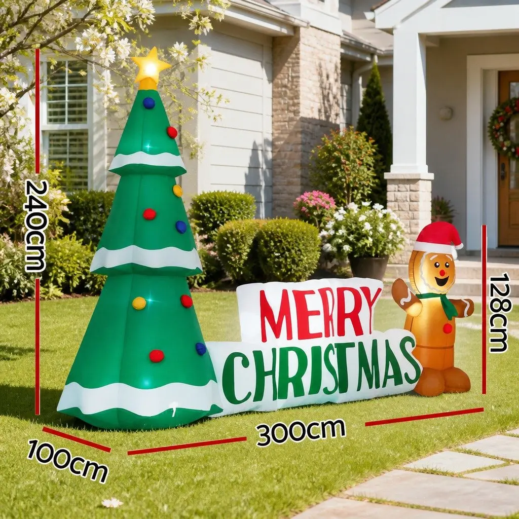 Christmas Inflatable 2.4m Gingerbread Man and Tree with LED Lights for Outdoor Garden