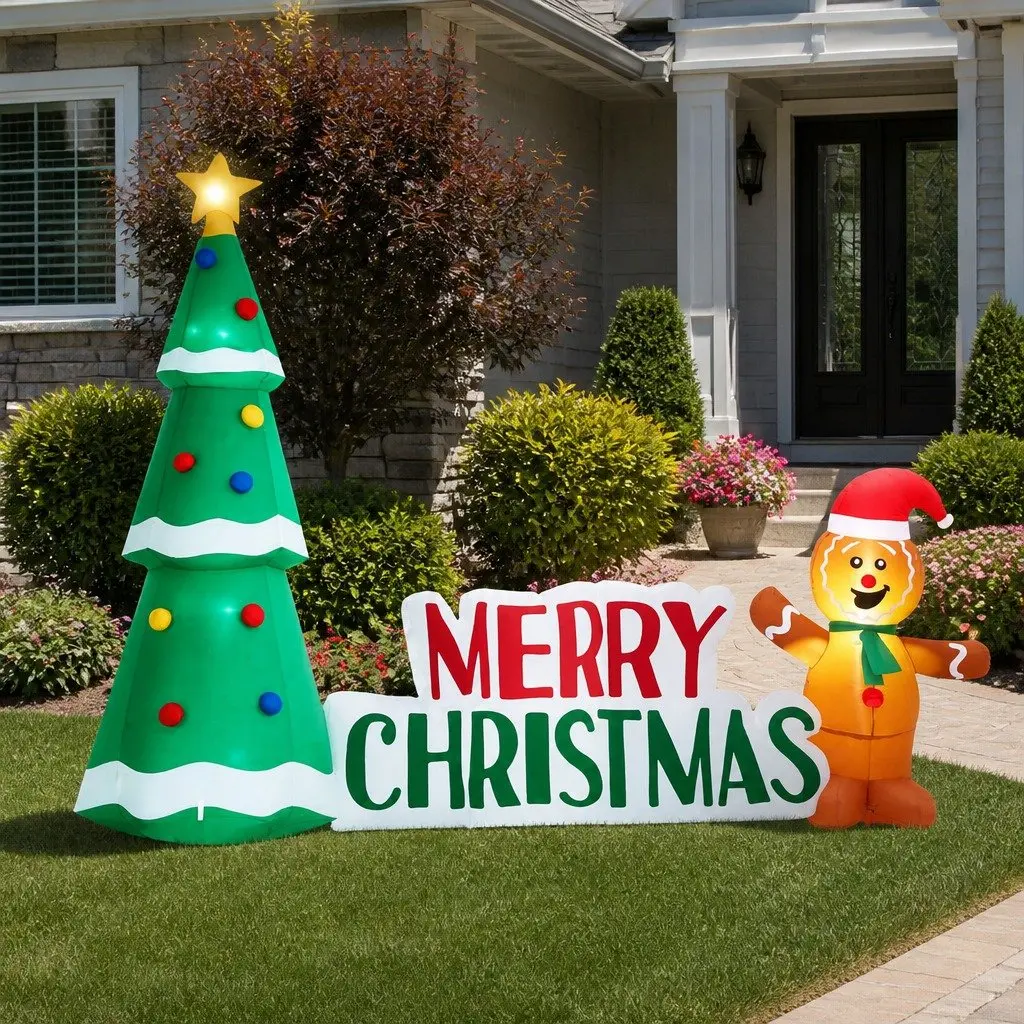 Christmas Inflatable 2.4m Gingerbread Man and Tree with LED Lights for Outdoor Garden