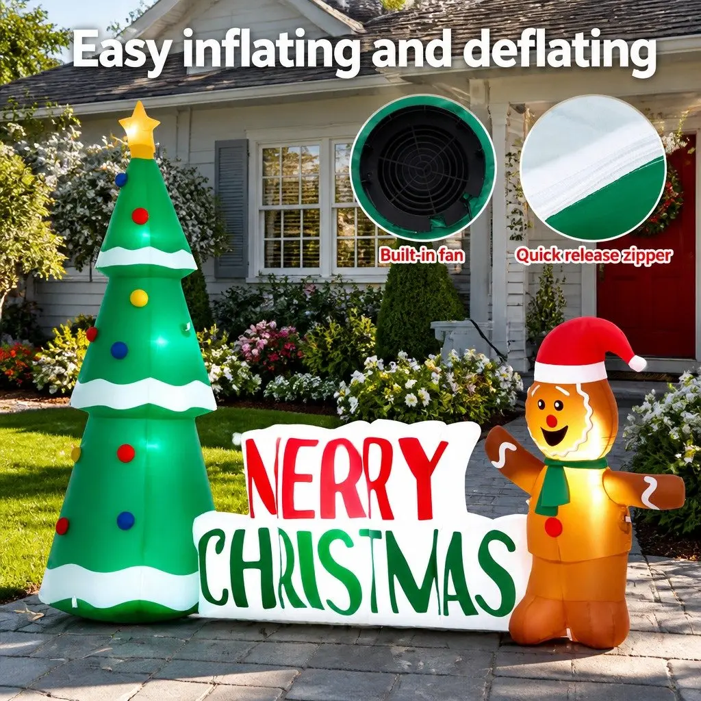 Christmas Inflatable 2.4m Gingerbread Man and Tree with LED Lights for Outdoor Garden