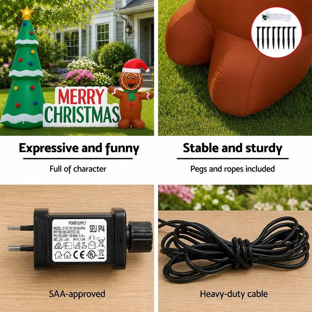 Christmas Inflatable 2.4m Gingerbread Man and Tree with LED Lights for Outdoor Garden