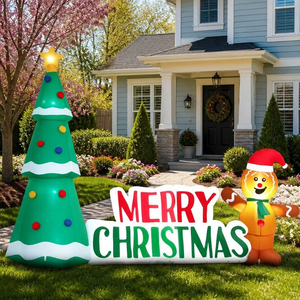 Christmas Inflatable 2.4m Gingerbread Man and Tree with LED Lights for Outdoor Garden
