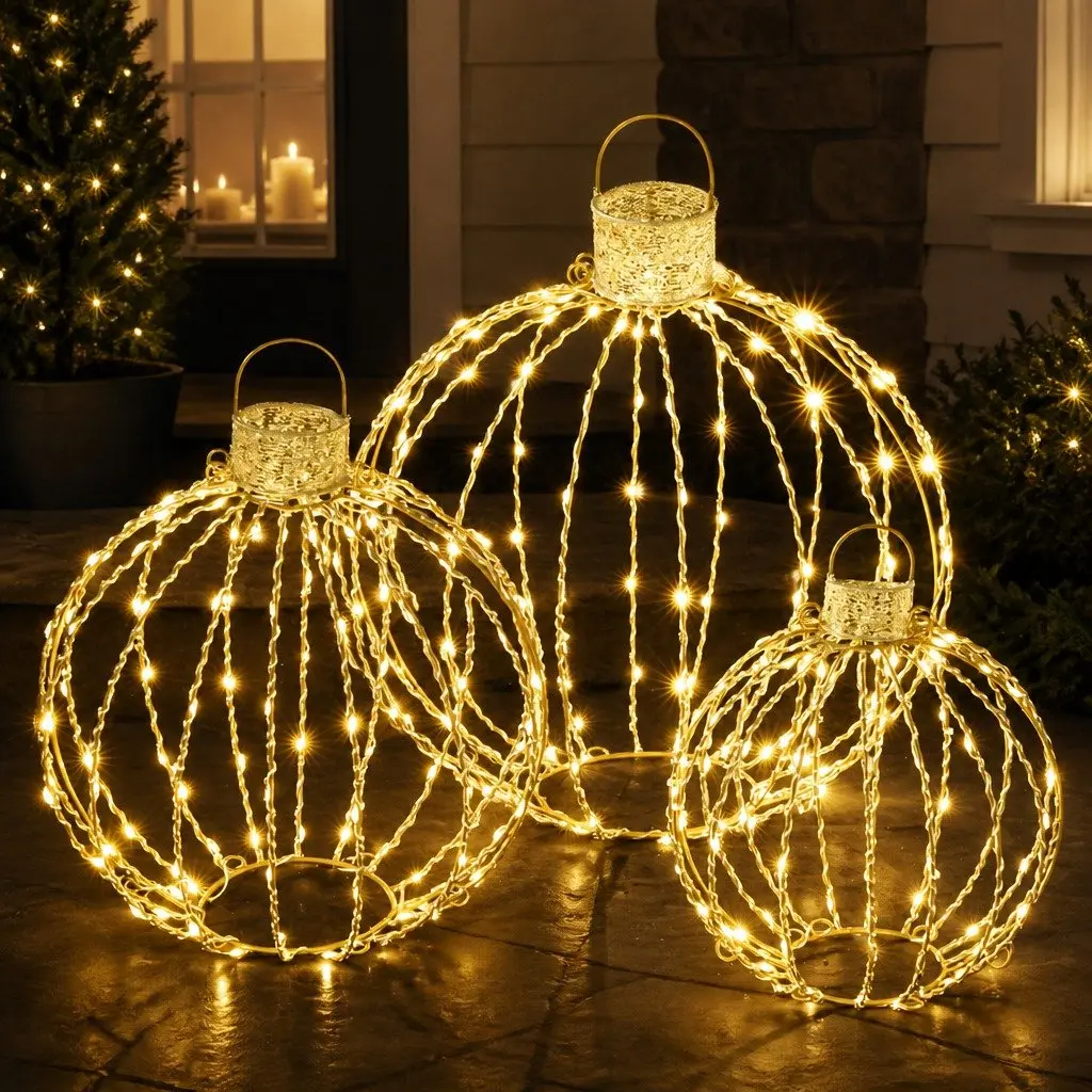 Christmas Light Set 320 LED Lights 3 Decorative Ball Designs Indoor Outdoor Gold