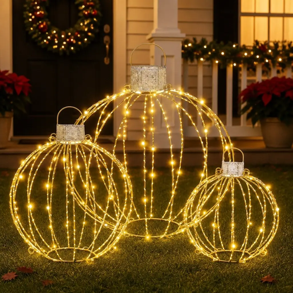 Christmas Light Set 320 LED Lights 3 Decorative Ball Designs Indoor Outdoor Gold