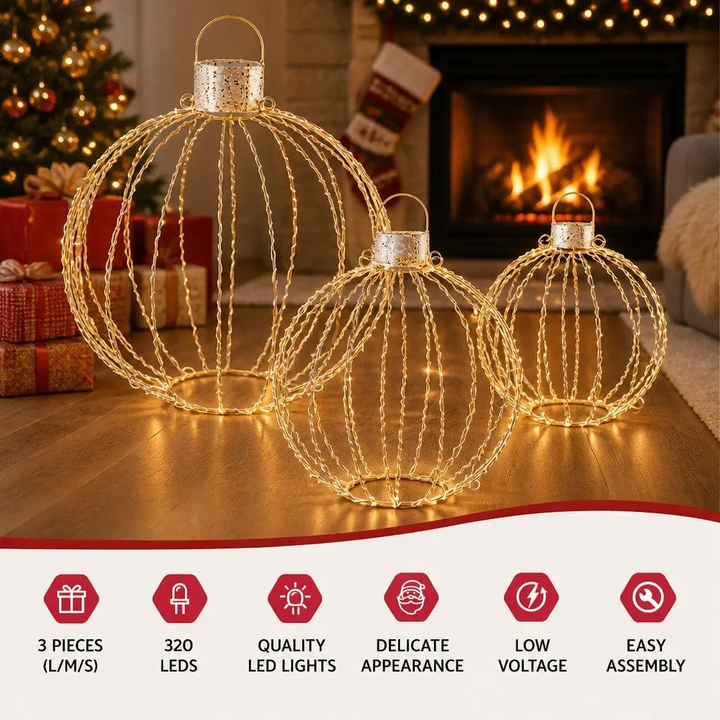 Christmas Light Set 320 LED Lights 3 Decorative Ball Designs Indoor Outdoor Gold