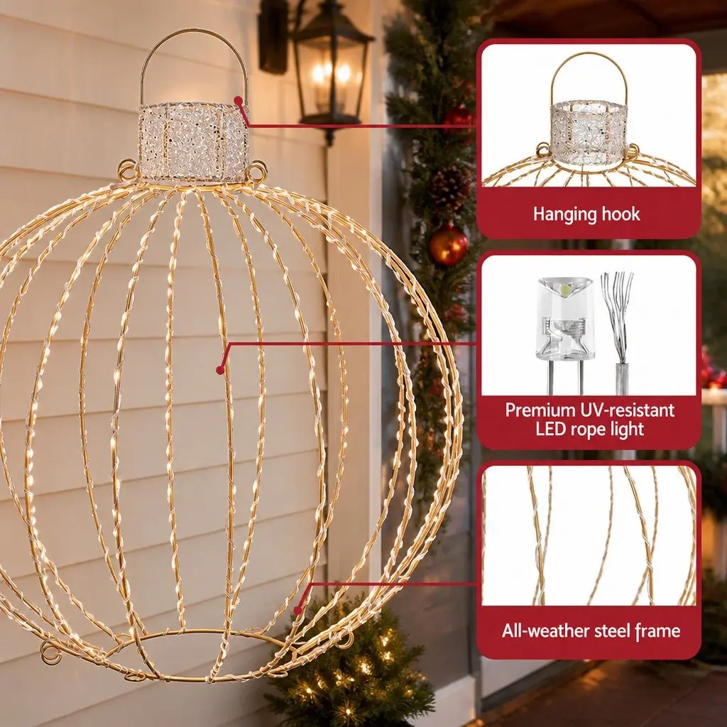 Christmas Light Set 320 LED Lights 3 Decorative Ball Designs Indoor Outdoor Gold