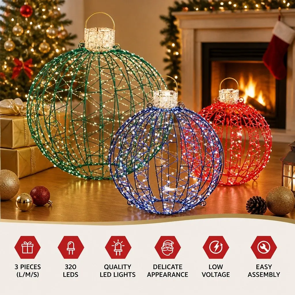 Christmas Lights 320 LED RGB Bulbs 3 Ball Decorations Set Indoor Outdoor