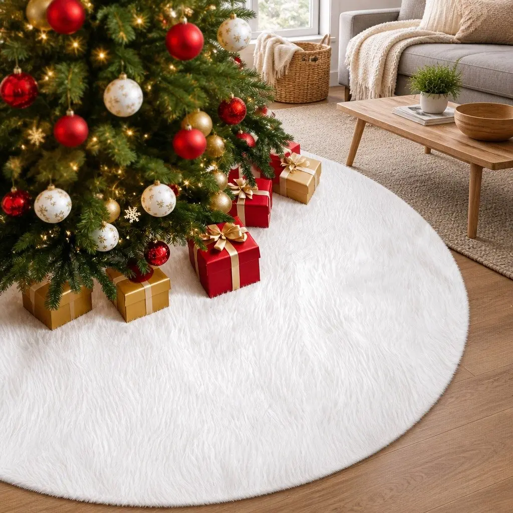 Christmas Tree Skirt 120cm White Plush Soft Polyester Festive Holiday Decoration