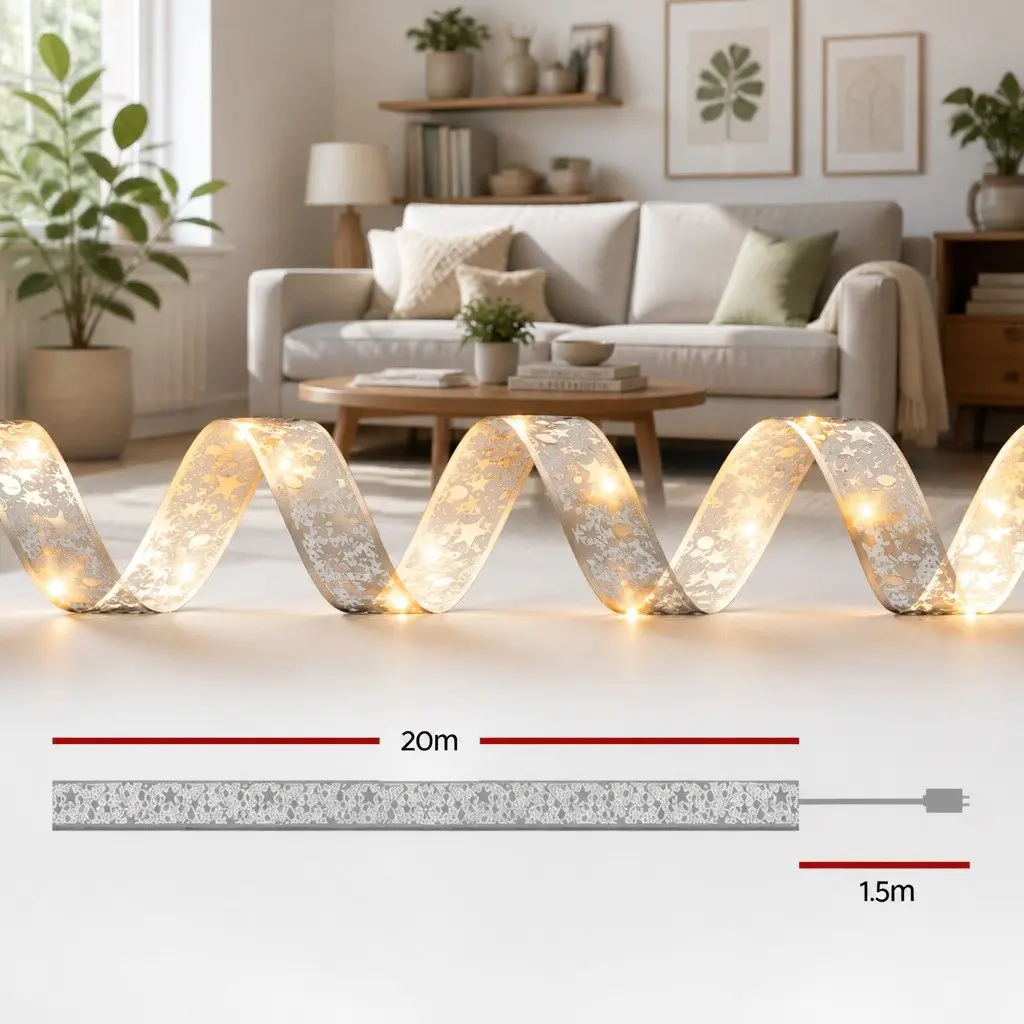 Christmas Lights 20M 200 LED Warm White Ribbon String Indoor Outdoor Water Resistant