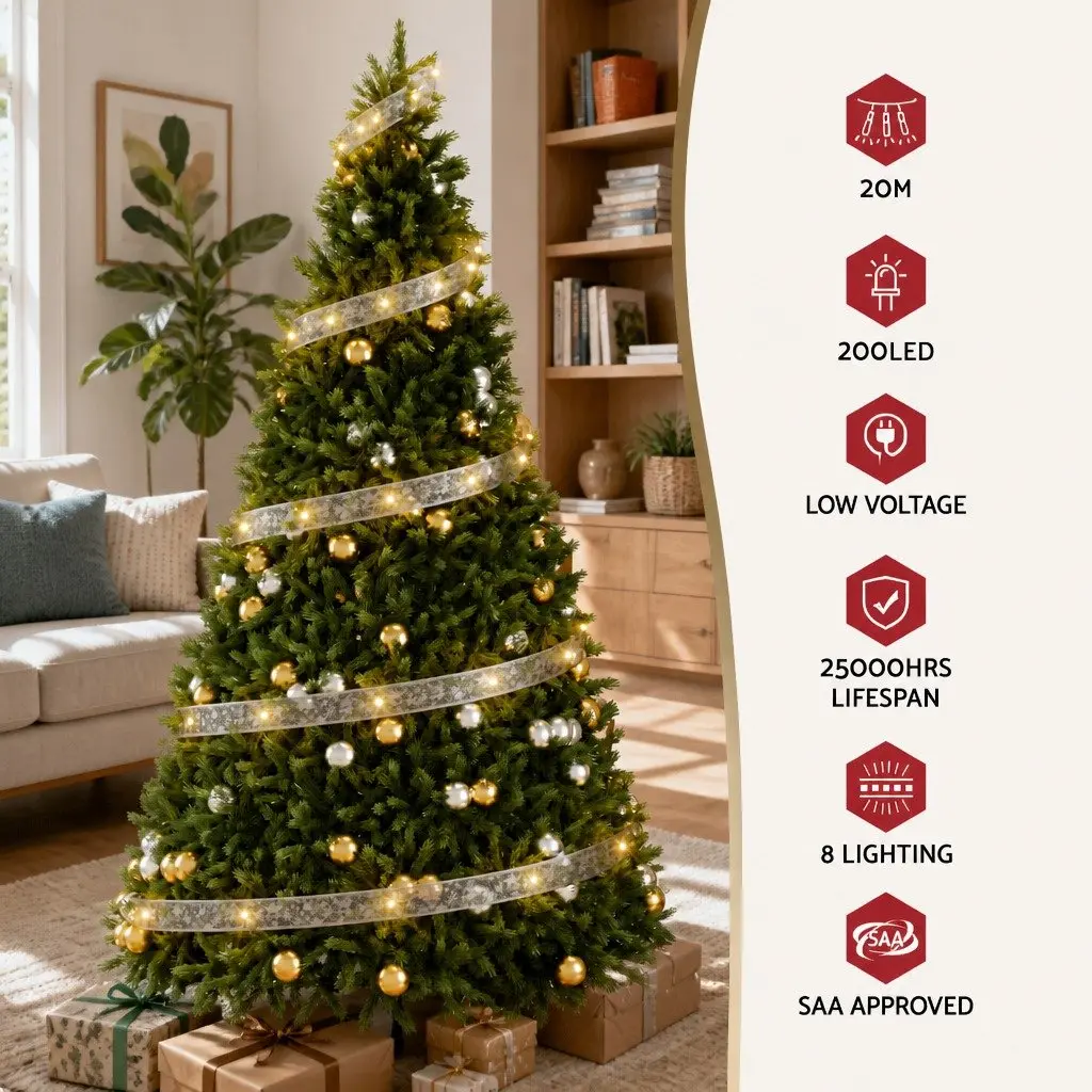 Christmas Lights 20M 200 LED Warm White Ribbon String Indoor Outdoor Water Resistant