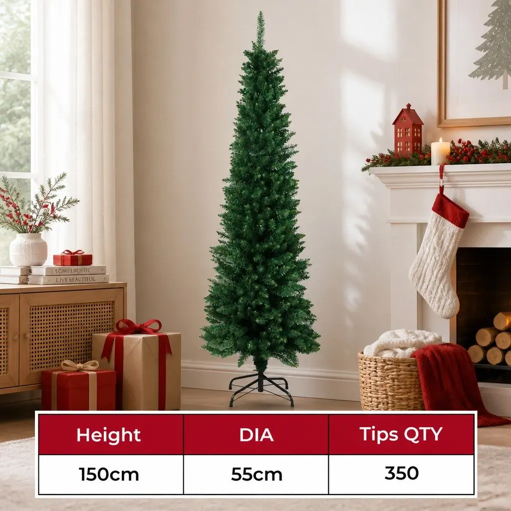 Pencil Christmas Tree 1.5M Slim Compact Green Waterproof PVC Branches 350 Tips Vertical Form