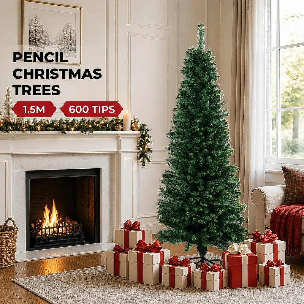 Pencil Christmas Tree 1.5M Slim Compact Green Waterproof PVC Branches 350 Tips Vertical Form