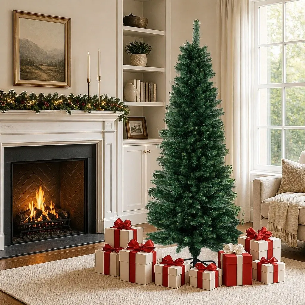 Pencil Christmas Tree 1.5M Slim Compact Green Waterproof PVC Branches 350 Tips Vertical Form