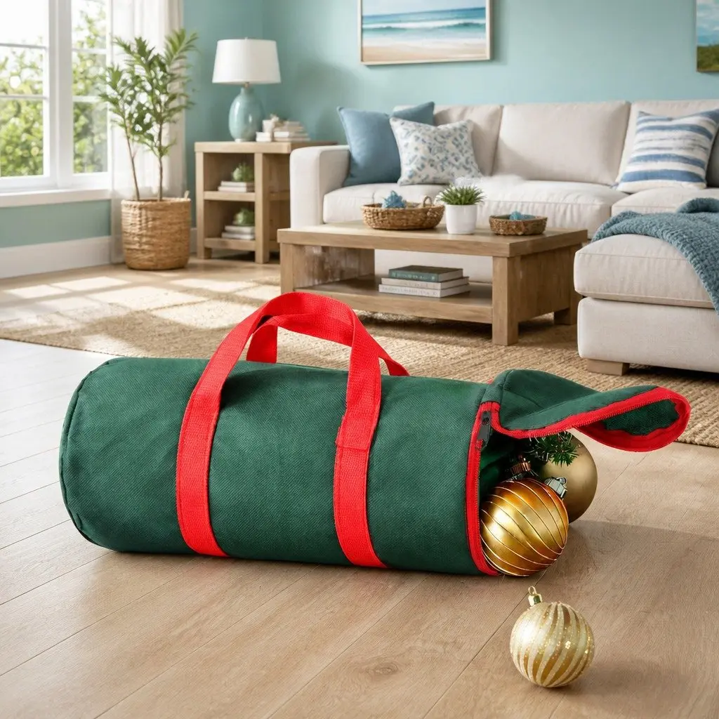 Christmas Baubles Storage Bag Cylindrical Xmas Ornaments Container Green Oxford
