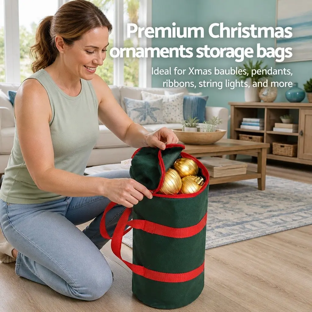 Christmas Baubles Storage Bag Cylindrical Xmas Ornaments Container Green Oxford