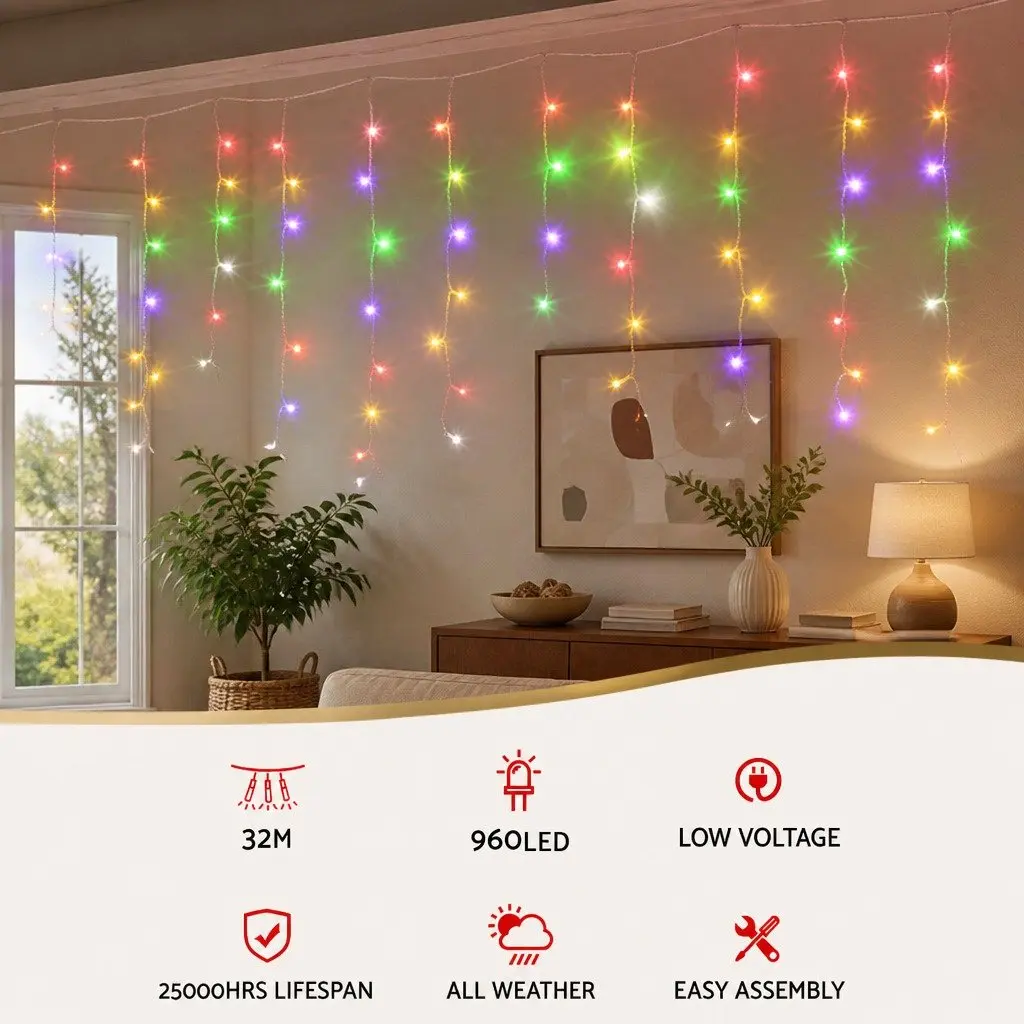 Christmas Icicle Lights 32M 960 LED Solar Powered Outdoor Decoration with Eight Lighting Modes