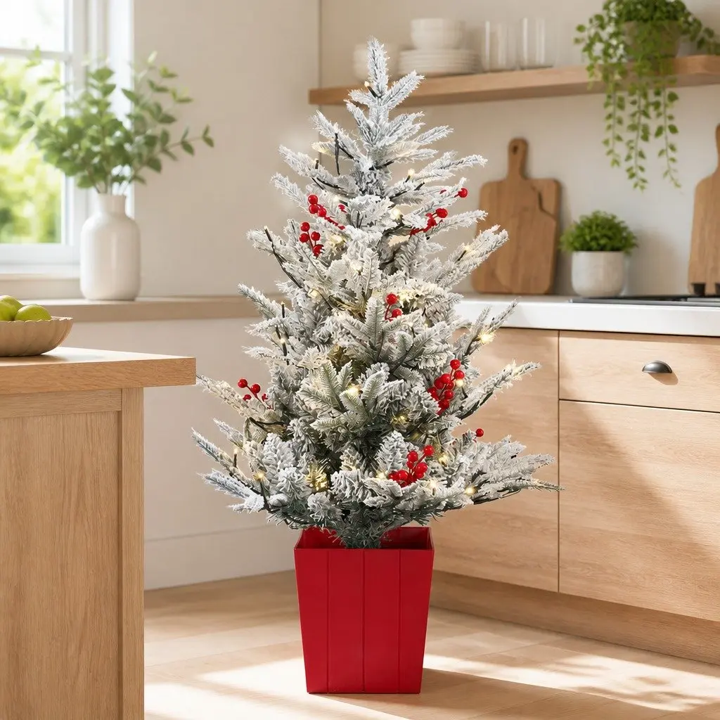Christmas Potted Tree 100cm LED Warm White Lights Flocked Leaves Red Berries Tabletop
