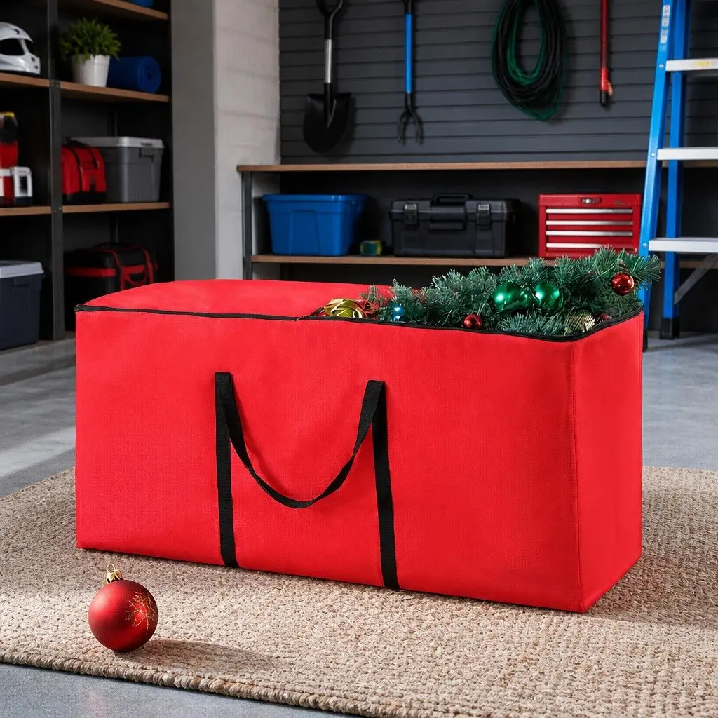 Christmas Tree Storage Bag 8ft Red Oxford Fabric Thick Construction Dual Reinforced Handles Smooth Zipper Closure