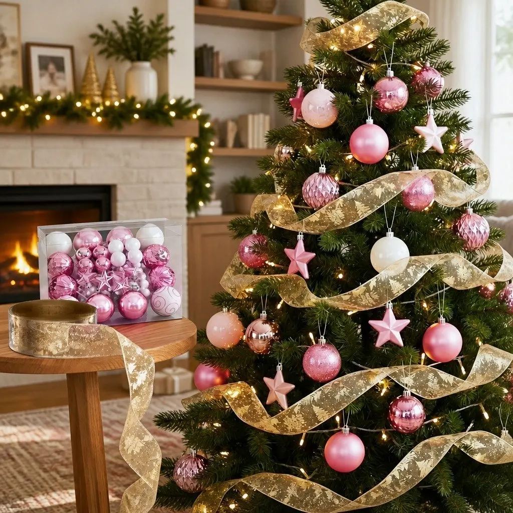 Christmas Tree Decoration Set 34 Piece Shatterproof Ornaments with 20 Metre Decorative Ribbon in Gold Pink White