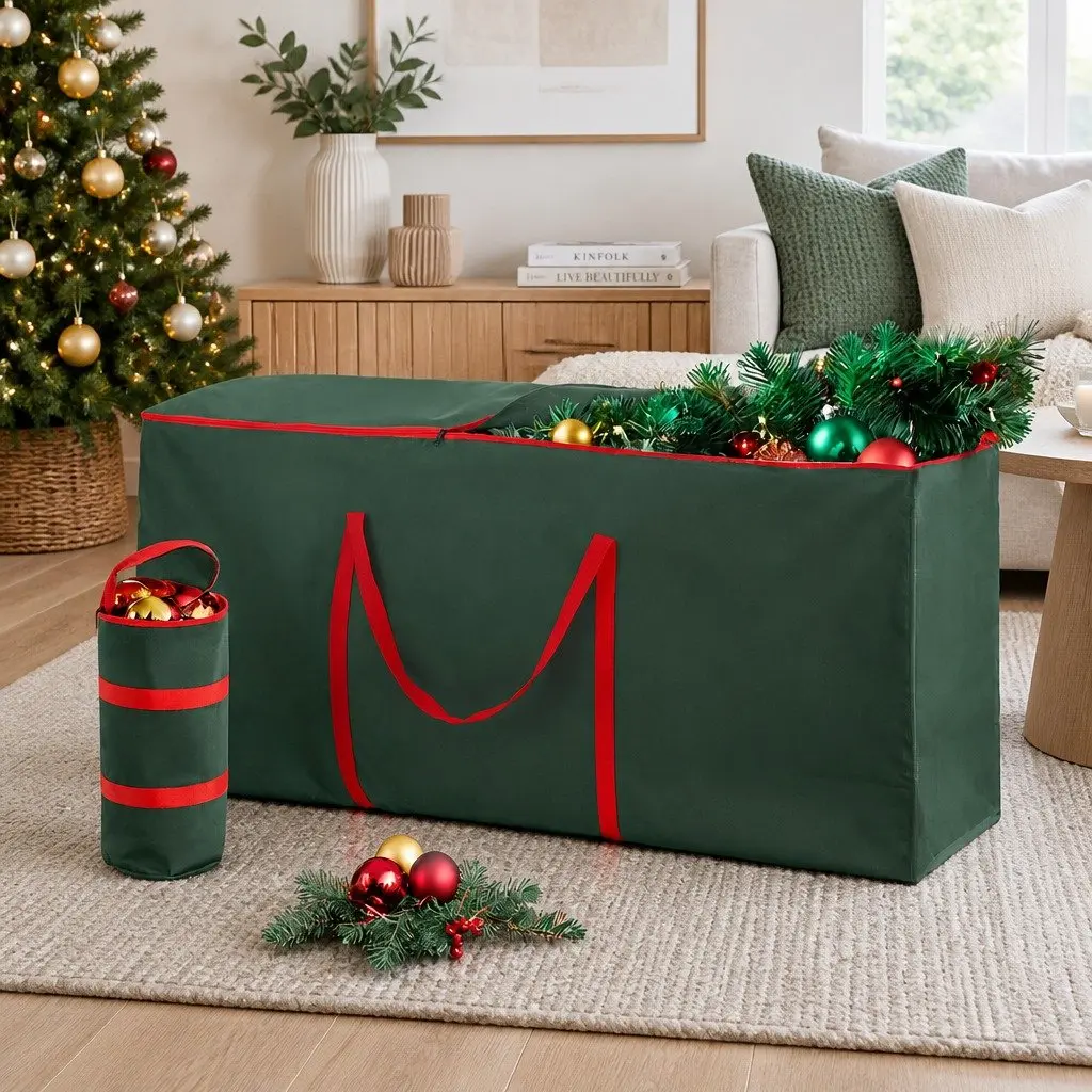Christmas Tree Storage Bag Set Green Thick Oxford Fabric Reinforced Handles Dual Zippers