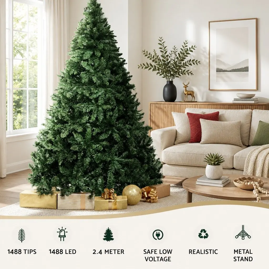 Christmas Tree 2.4m 8FT Pre-lit Green Fir Tree with 1488 LEDs for Home Decor