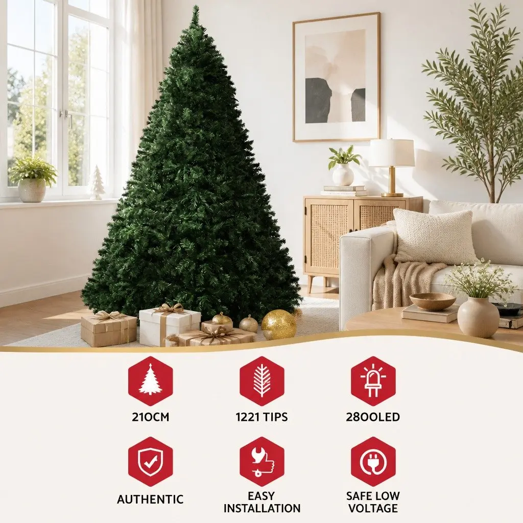Pre-Lit Christmas Tree 2.1m Green LED Lights 2800 Multi-coloured 8 Modes Home Decor