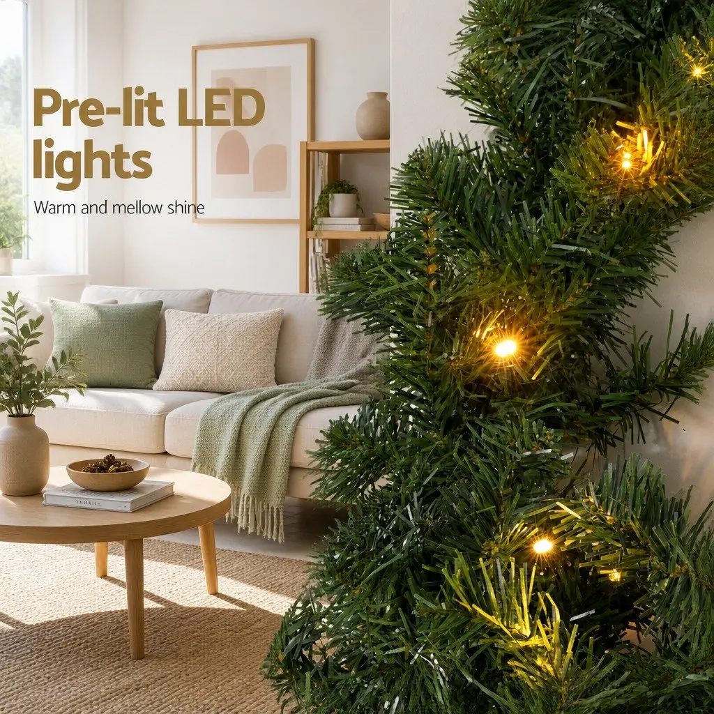Christmas Garland 10M Green Prelit with 160 Warm LED Lights and 700 Tips for Indoor and Outdoor Use
